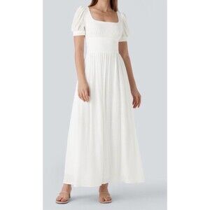 Halara Maxi Dress Womens Size M White Square Neck Puff Sleeve Lace-Up Back Boho
